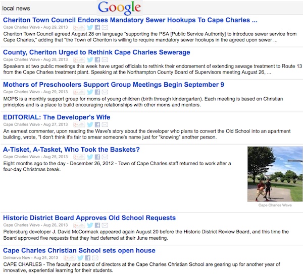 First six hits in Google News are from the Wave. The seventh, Delmarvanow.com is the online name for the Eastern Shore News. (The Wave had the story about 