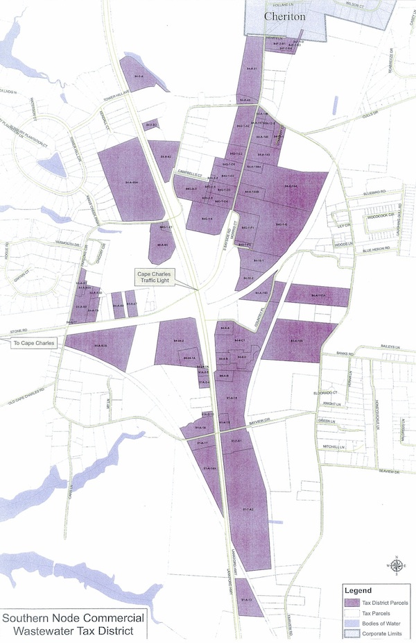 Areas in purple are planned to become a special tax district with sewerage supplied by Town of Cape Charles.